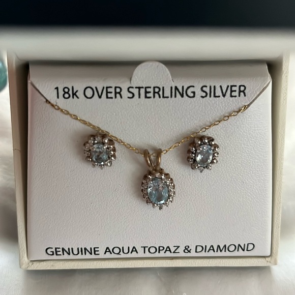 Victoria Townsend Genuine Aqua Topaz & Diamond Necklace & Earring Set - Picture 2 of 2